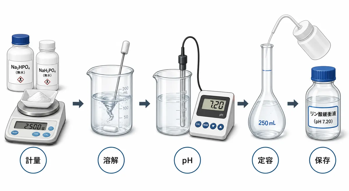リン酸緩衝液を計量、溶解、pH調整、定容、保存する流れを示す図