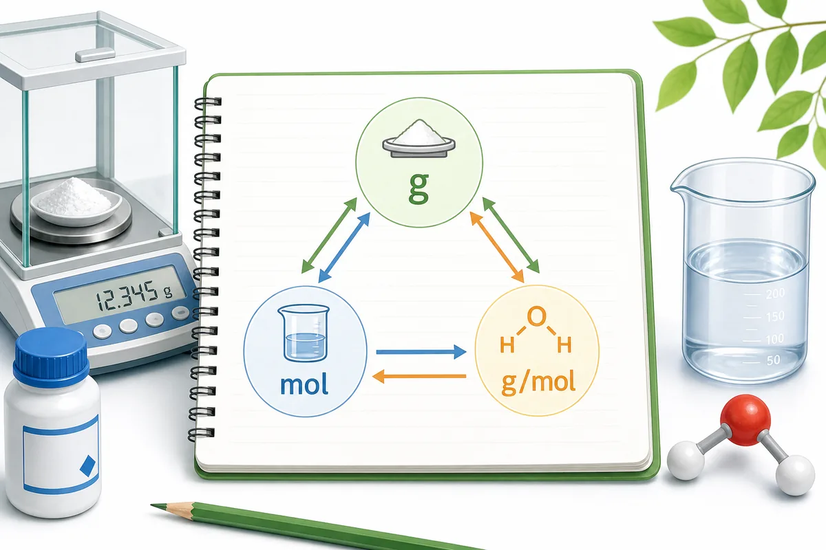 g、mol、g/molの関係をノートと実験器具で示す換算イメージ