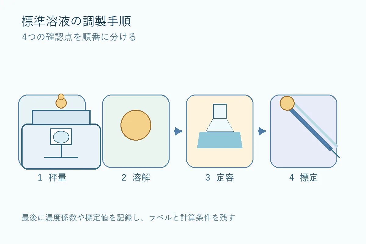 標準溶液を秤量、溶解、定容、標定する4段階の手順図